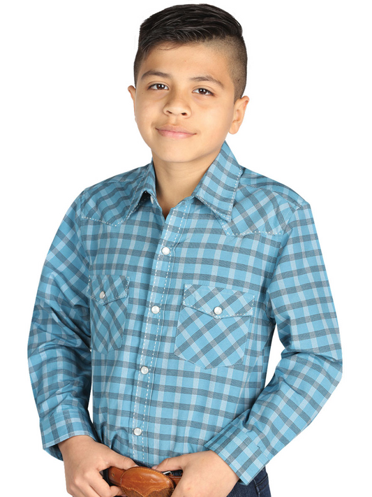 Camisa Vaquera Manga Larga de Bolsillos Estampada Cuadros Azul/Blanco para Niños 'El General' - ID: 42615 Western Shirt El General Blue/White