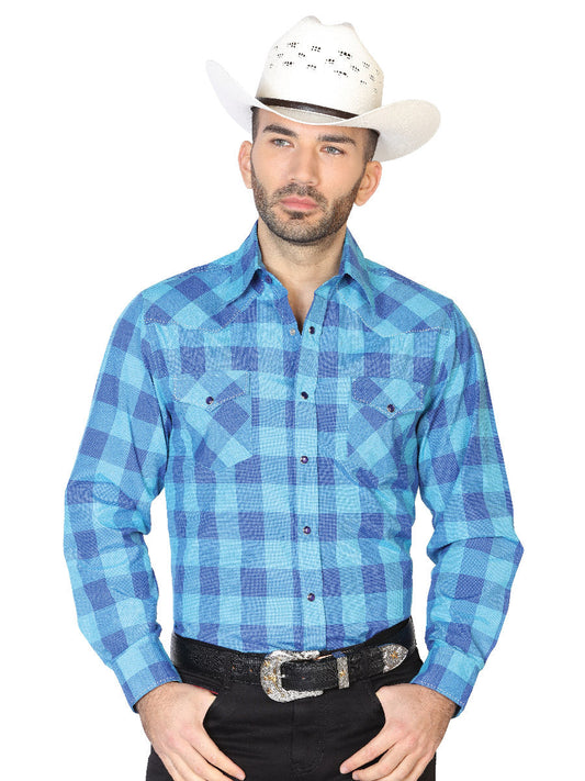 Camisa Vaquera Manga Larga de Bolsillos Estampada Cuadros Azul para Hombre 'El Señor de los Cielos' - ID: 42619 Camisas de Cuadros El Señor de los Cielos Blue