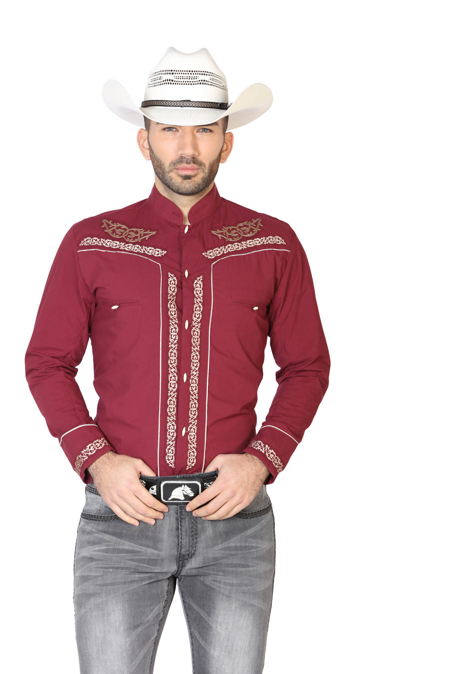 Camisa Vaquera Charra Bordada Manga Larga Burgandy para Hombre 'El Señor de los Cielos' - ID: 42875 Camisas Charras El Señor de los Cielos 