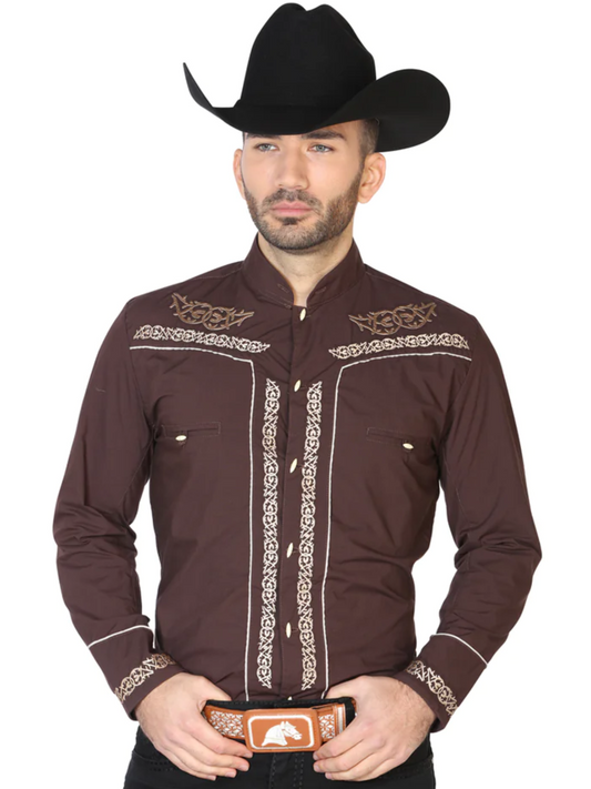 Camisa Vaquera Charra Bordada Manga Larga Cafe para Hombre 'El Señor de los Cielos' - ID: 42876 Camisas Charras El Señor de los Cielos Brown