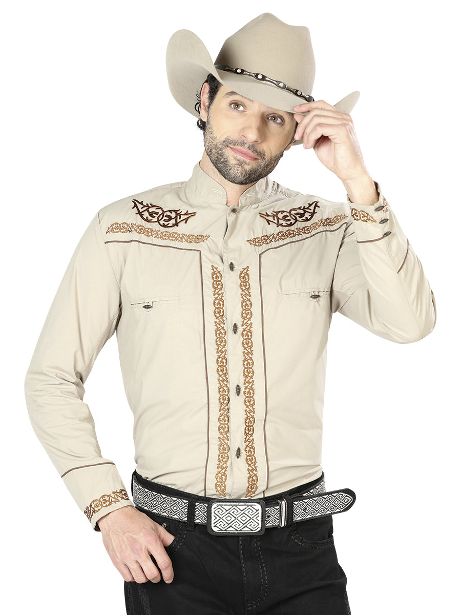 Camisa Vaquera Charra Bordada Manga Larga Caqui para Hombre 'El Señor de los Cielos' - ID: 42877 Camisas Charras El Señor de los Cielos Khaki