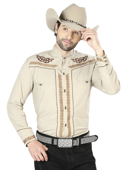 Camisa Vaquera Charra Bordada Manga Larga Caqui para Hombre 'El Señor de los Cielos' - ID: 42877 Camisas Charras El Señor de los Cielos Khaki