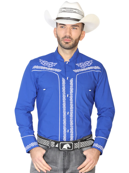 Camisa Vaquera Charra Bordada Manga Larga Azul Rey para Hombre 'El Señor de los Cielos' - ID: 42878 Camisas Charras El Señor de los Cielos Royal Blue