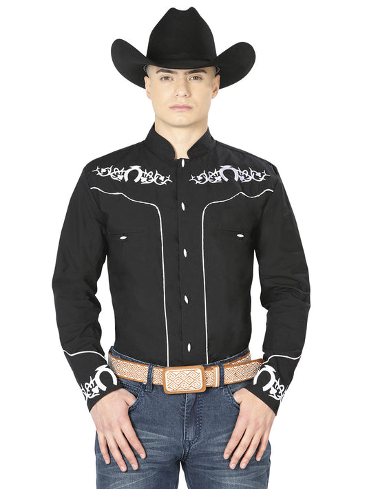 Camisa Vaquera Charra Bordada Manga Larga Negro para Hombre 'El Señor de los Cielos' - ID: 42879 Western Shirt El Señor de los Cielos Black