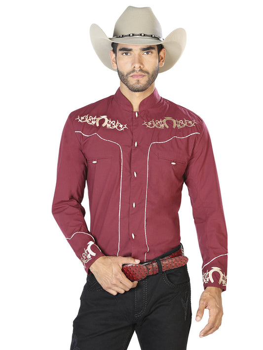 Camisa Vaquera Charra Bordada Manga Larga Burgandy para Hombre 'El Señor de los Cielos' - ID: 42880 Camisas Charras El Señor de los Cielos Burgandy