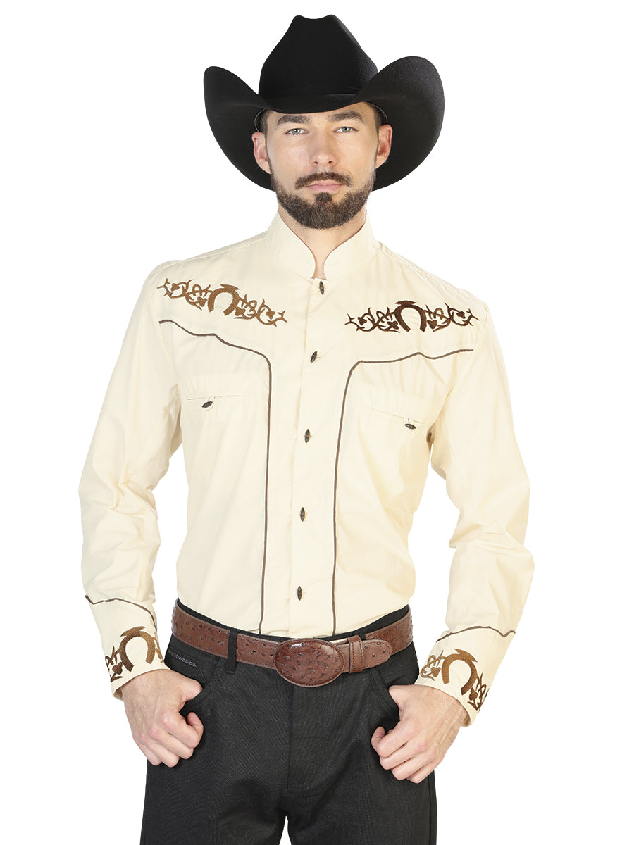 Camisa Vaquera Charra Bordada Manga Larga Beige para Hombre 'El Señor de los Cielos' - ID: 42882 Camisas Charras El Señor de los Cielos Beige