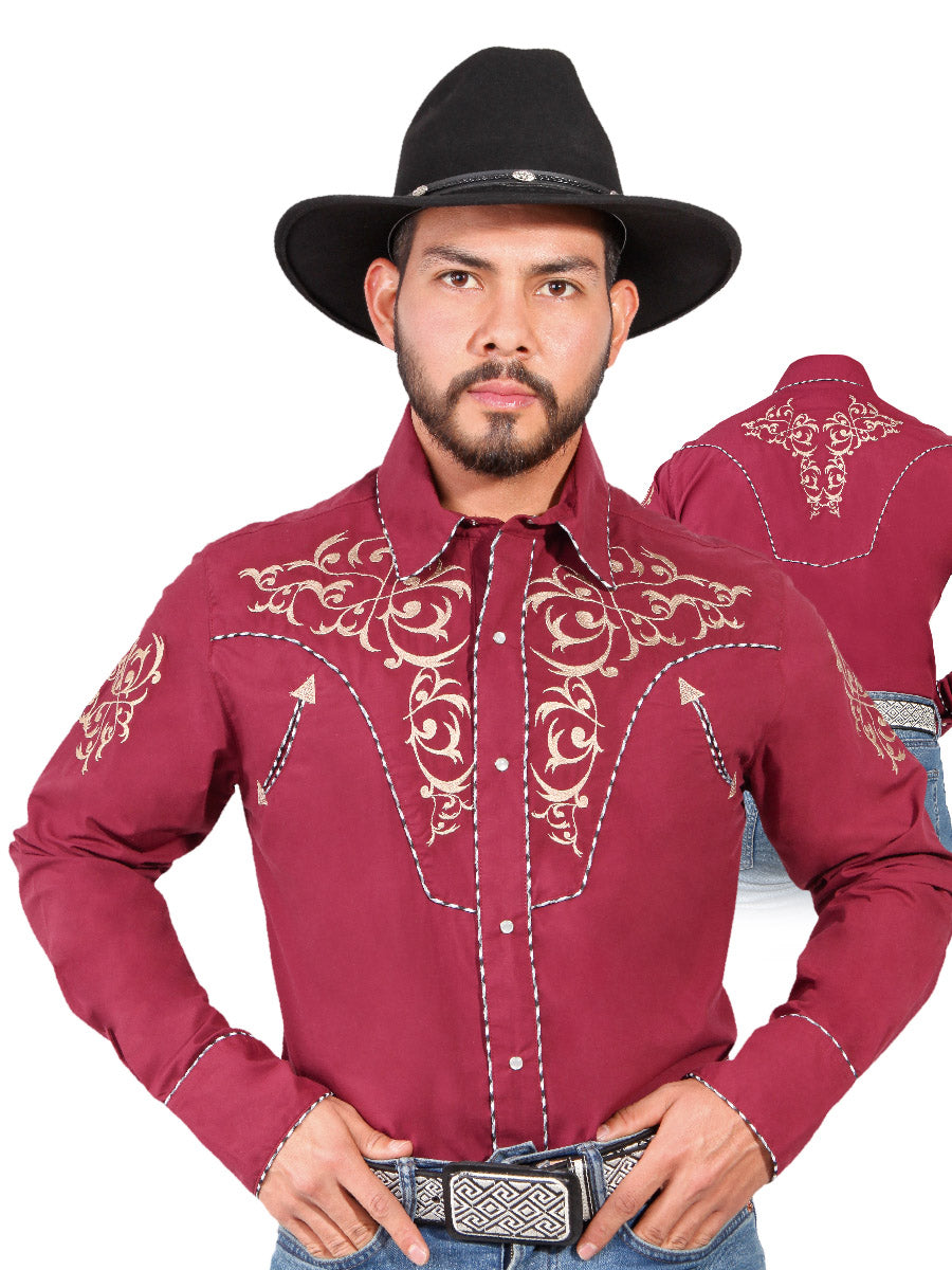 Camisa Vaquera Bordada Manga Larga Burgandy para Hombre 'El Señor de los Cielos' - ID: 42886 Western Shirt El Señor de los Cielos 