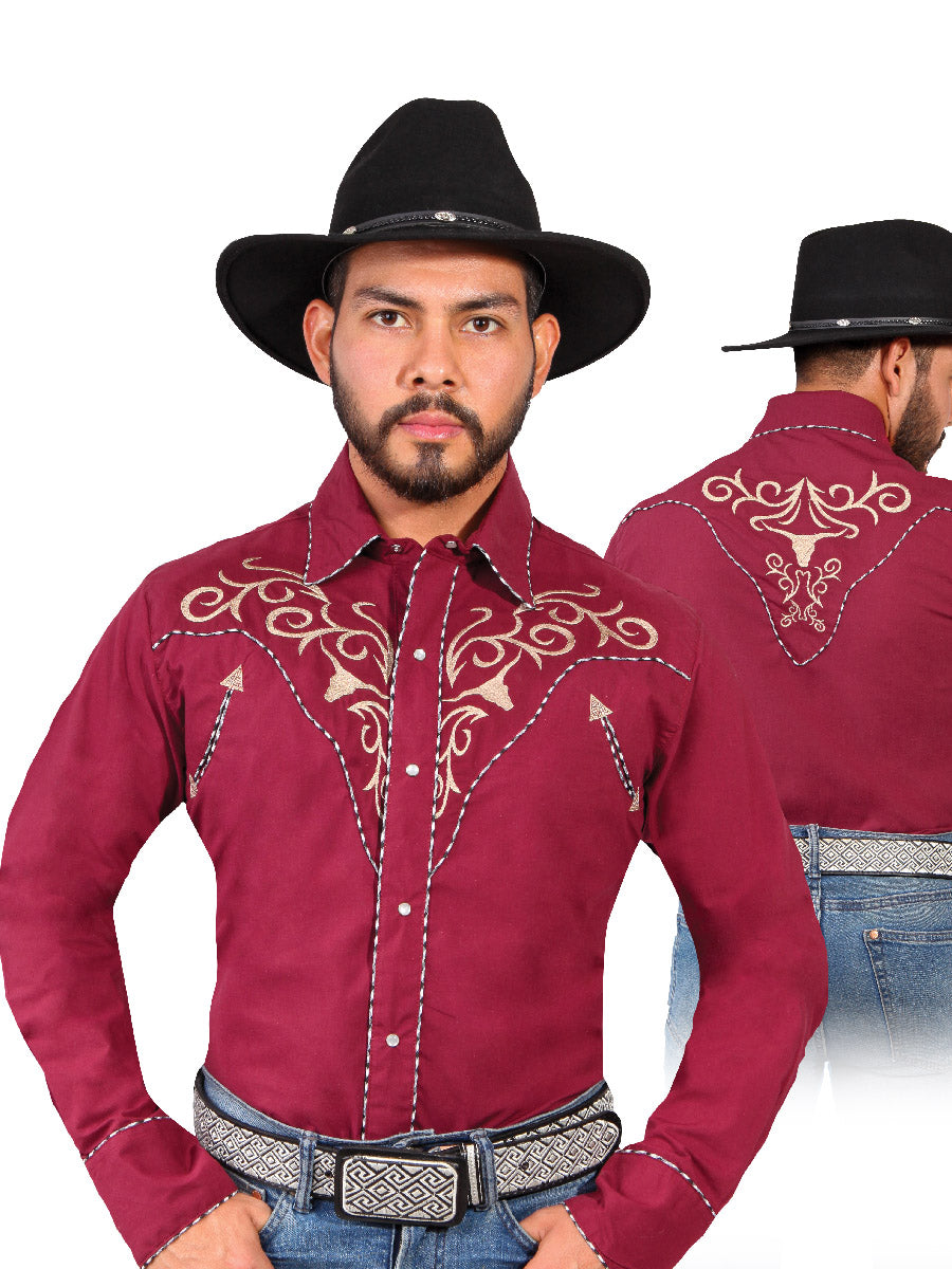 Camisa Vaquera Bordada Manga Larga Burgandy para Hombre 'El Señor de los Cielos' - ID: 42888 Camisas Bordadas El Señor de los Cielos 