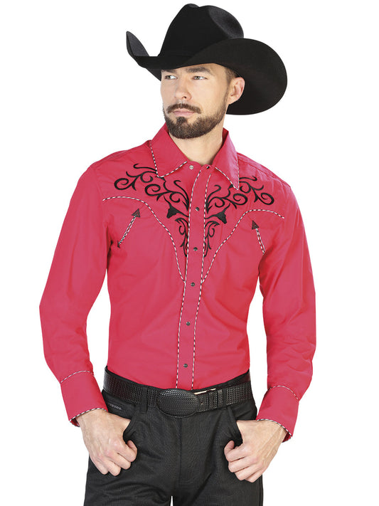 Camisa Vaquera Bordada Manga Larga Rojo para Hombre 'El Señor de los Cielos' - ID: 42889 Camisas Bordadas El Señor de los Cielos Red