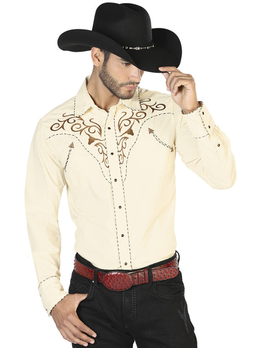 Camisa Vaquera Bordada Manga Larga Beige para Hombre 'El Señor de los Cielos' - ID: 42890 Camisas Bordadas El Señor de los Cielos Beige