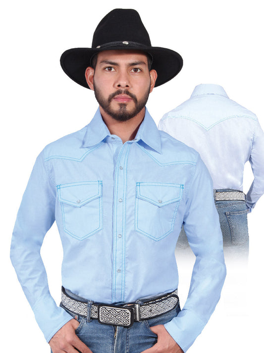 Camisa Vaquera Manga Larga de Bolsillos Azul Claro para Hombre 'El Señor de los Cielos' - ID: 42896 Western Shirt El Señor de los Cielos Ligth Blue
