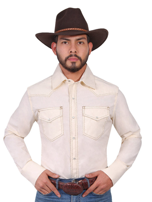 Camisa Vaquera Manga Larga de Bolsillos Beige para Hombre 'El Señor de los Cielos' - ID: 42900 Western Shirt El Señor de los Cielos Beige