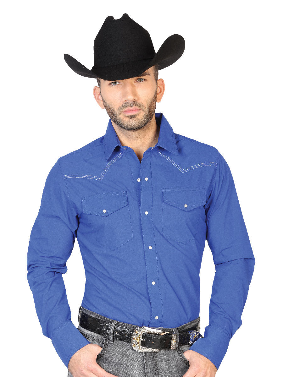 Camisa Vaquera Manga Larga de Bolsillos Azul Rey para Hombre 'El Señor de los Cielos' - ID: 42912 Camisas de Bolsillos El Señor de los Cielos Royal Blue