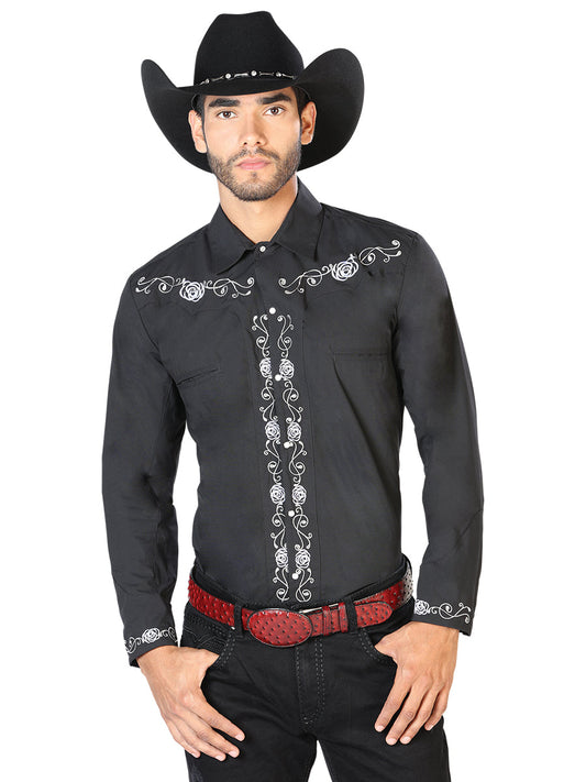 Camisa Vaquera Bordada Manga Larga Negro para Hombre 'El Señor de los Cielos' - ID: 42937 Camisas Bordadas El Señor de los Cielos Black