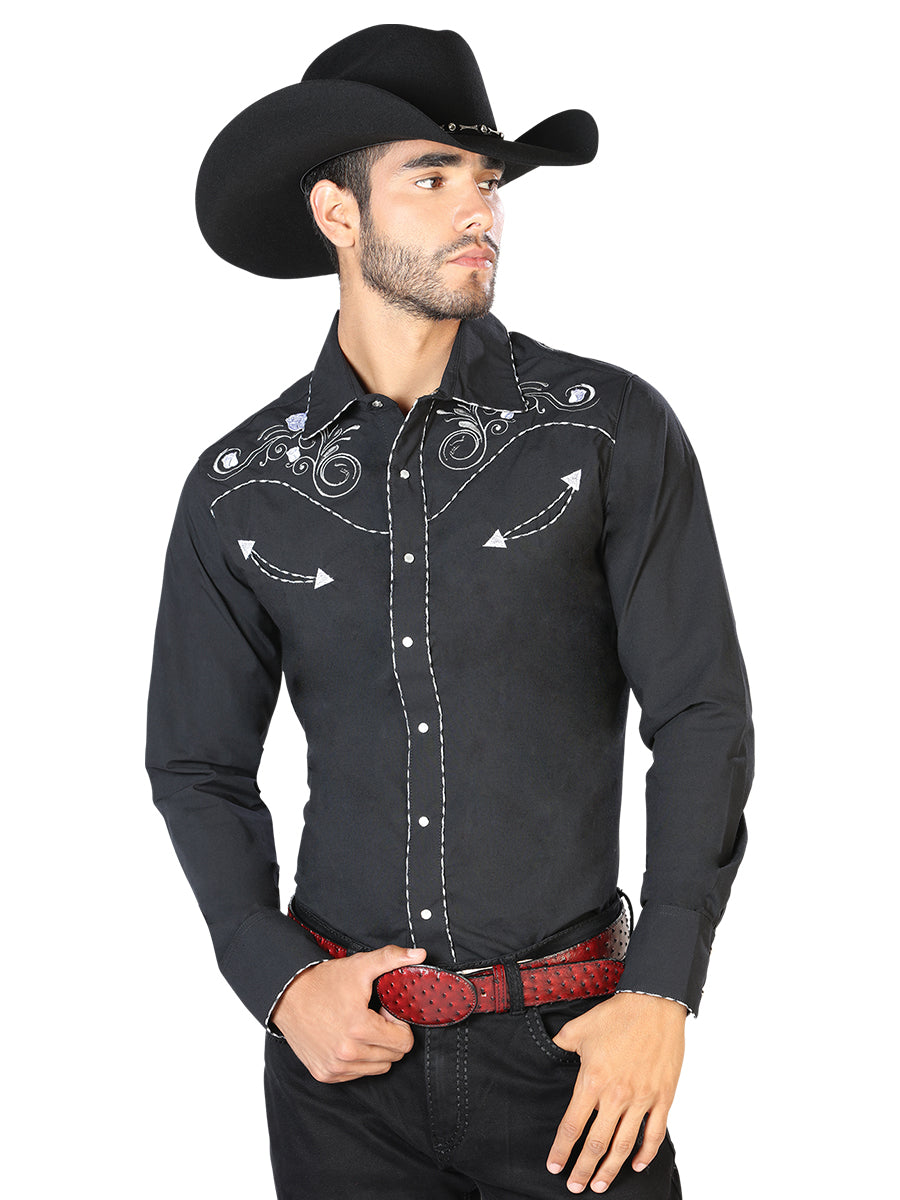 Camisa Vaquera Bordada Manga Larga Negro para Hombre 'El Señor de los Cielos' - ID: 42940 Camisas Bordadas El Señor de los Cielos Black