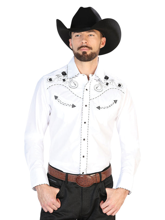 Camisa Vaquera Bordada Manga Larga Blanco para Hombre 'El Señor de los Cielos' - ID: 42941 Camisas Bordadas El Señor de los Cielos White