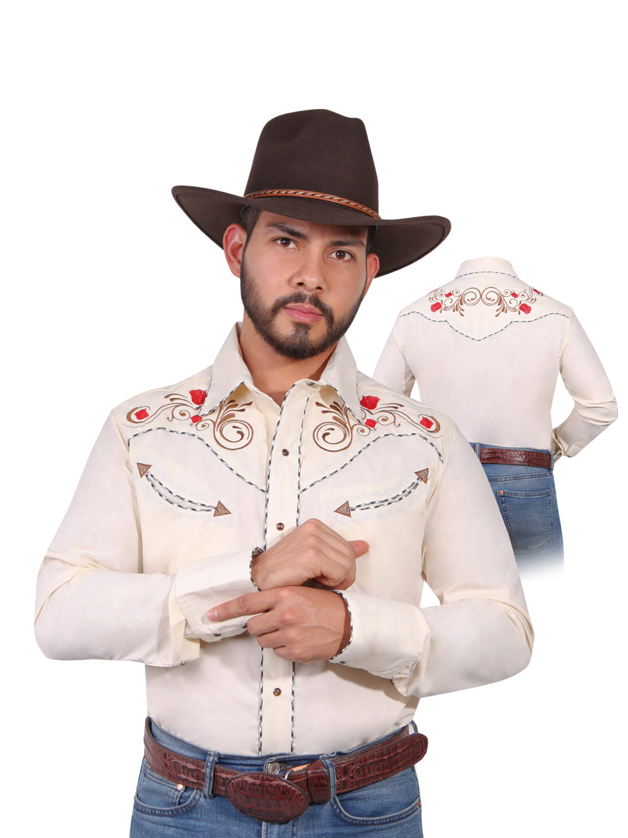 Camisa Vaquera Bordada Manga Larga Beige para Hombre 'El Señor de los Cielos' - ID: 42942 Western Shirt El Señor de los Cielos 
