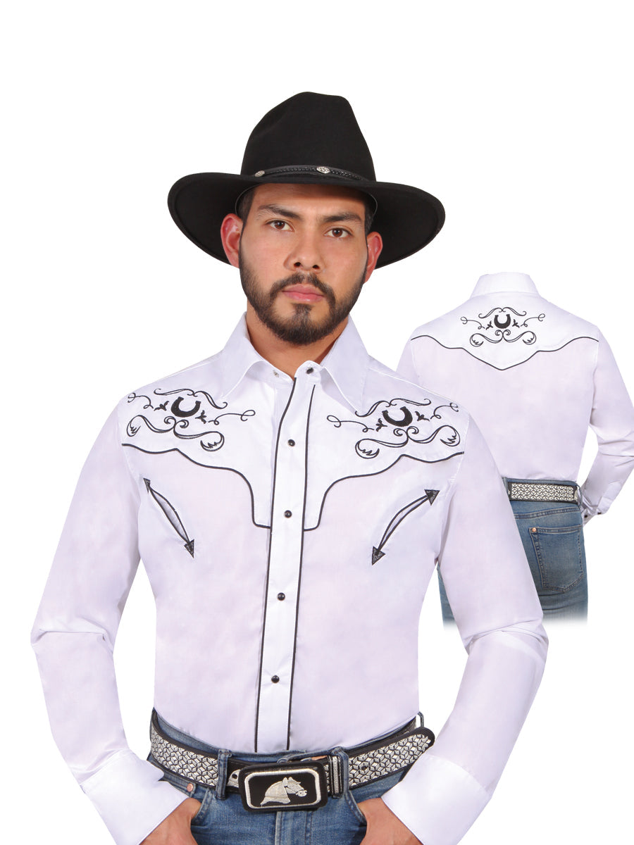 Camisa Vaquera Bordada Manga Larga Blanco para Hombre 'El Señor de los Cielos' - ID: 42946 Camisas Bordadas El Señor de los Cielos 
