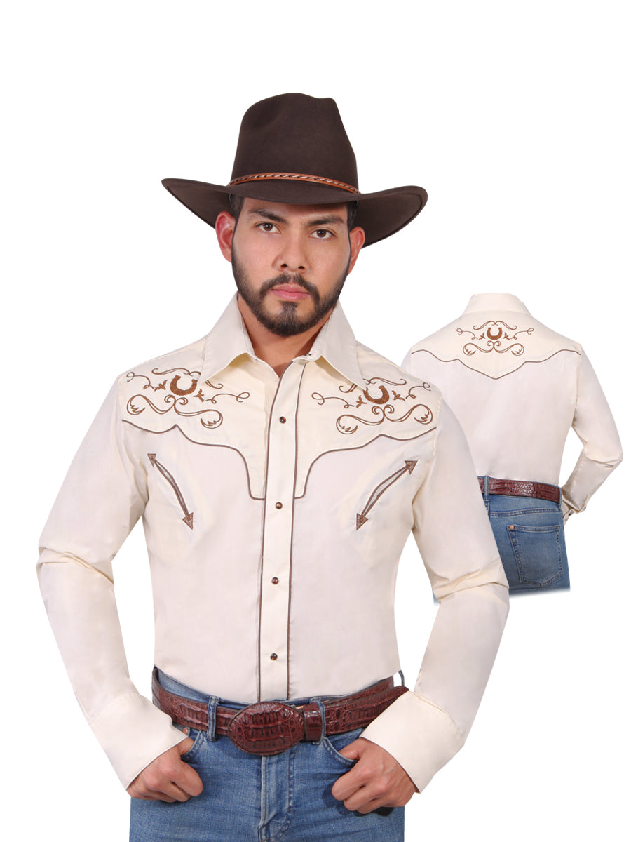 Camisa Vaquera Bordada Manga Larga Beige para Hombre 'El Señor de los Cielos' - ID: 42947 Western Shirt El Señor de los Cielos 