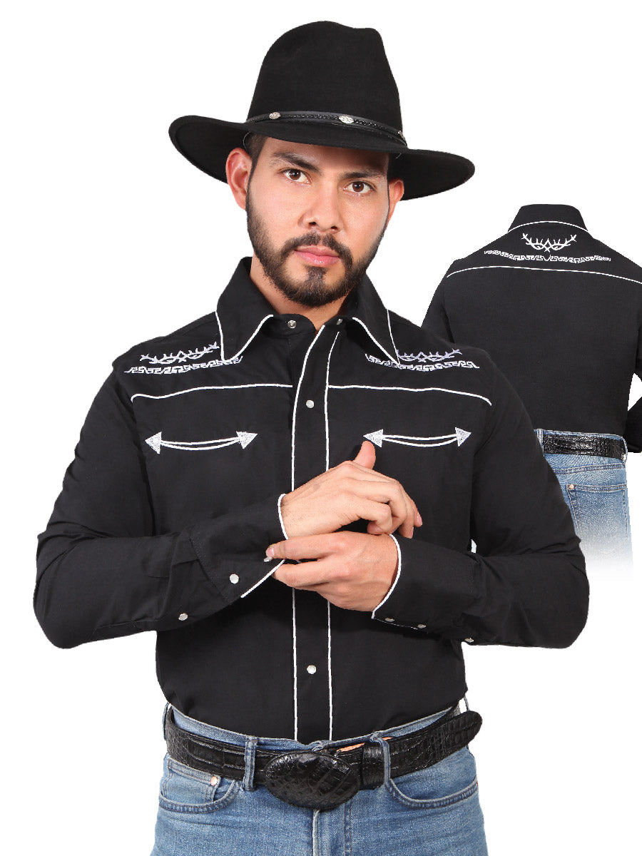 Camisa Vaquera Bordada Manga Larga Negro para Hombre 'El Señor de los Cielos' - ID: 42949 Western Shirt El Señor de los Cielos 