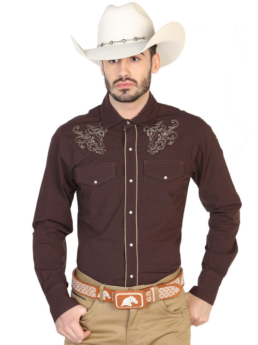 Camisa Vaquera Bordada Manga Larga Cafe para Hombre 'El Señor de los Cielos' - ID: 42953 Western Shirt El Señor de los Cielos Brown