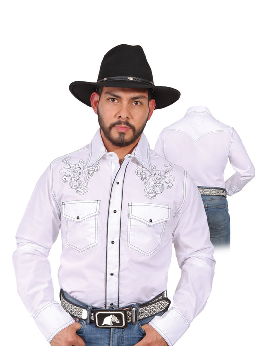 Camisa Vaquera Bordada Manga Larga Blanco para Hombre 'El Señor de los Cielos' - ID: 42954 Camisas Bordadas El Señor de los Cielos White