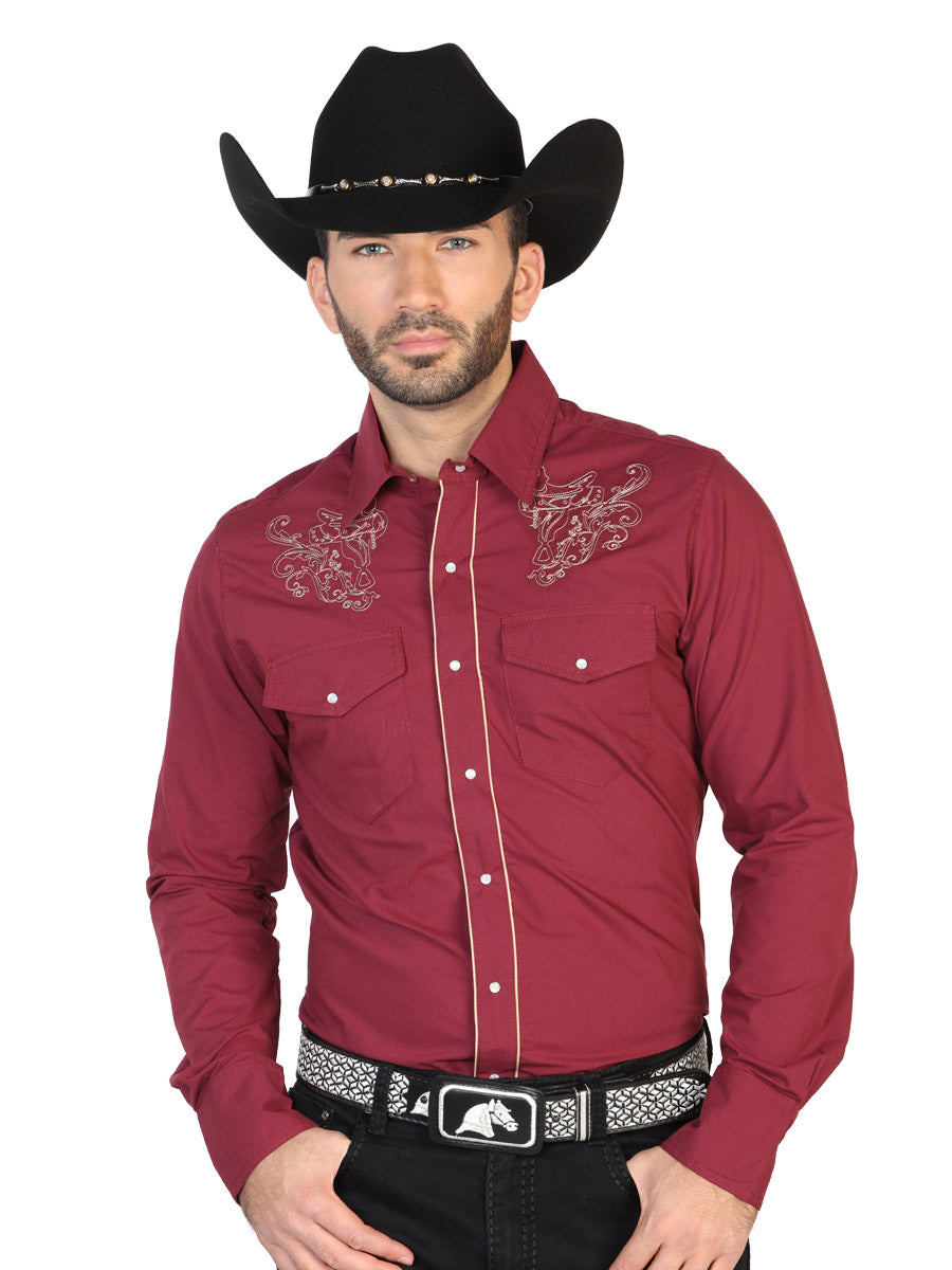 Camisa Vaquera Bordada Manga Larga Burgandy para Hombre 'El Señor de los Cielos' - ID: 42955 Western Shirt El Señor de los Cielos 