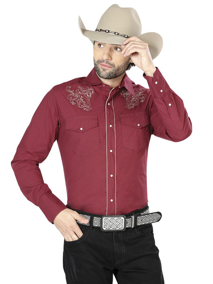 Camisa Vaquera Charra Bordada Manga Larga Burgandy para Hombre 'El Señor de los Cielos' - ID: 42875 Camisas Charras El Señor de los Cielos Burgandy