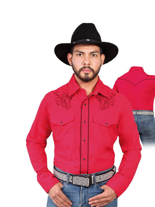 Camisa Vaquera Bordada Manga Larga Rojo para Hombre 'El Señor de los Cielos' - ID: 42956 Camisas Bordadas El Señor de los Cielos Red