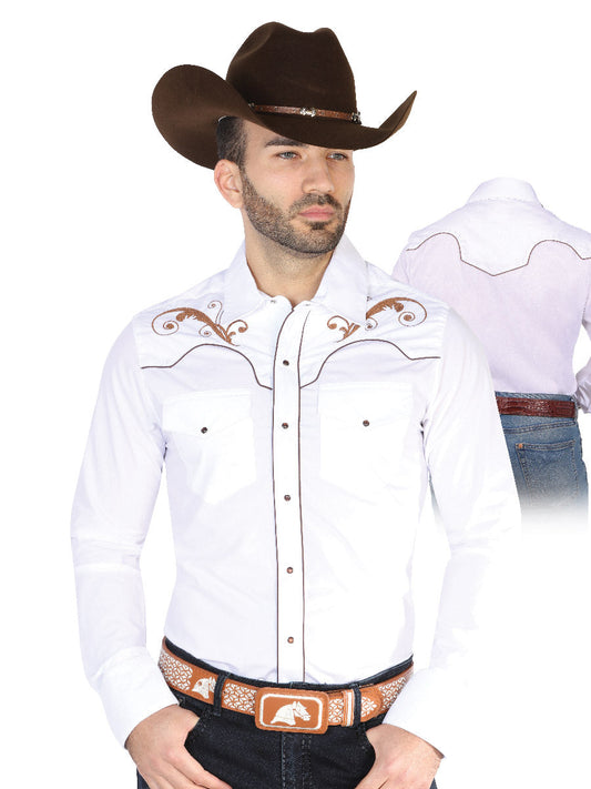 Camisa Vaquera Bordada Manga Larga Blanco para Hombre 'El Señor de los Cielos' - ID: 42957 Camisas Bordadas El Señor de los Cielos White