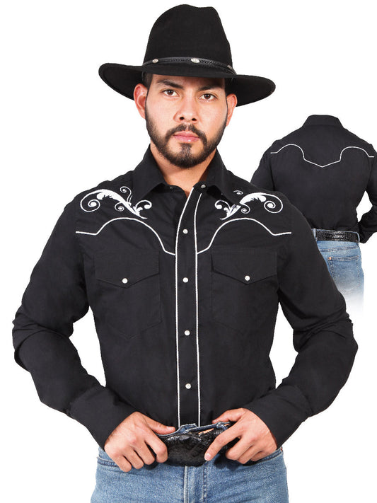 Camisa Vaquera Bordada Manga Larga Negro para Hombre 'El Señor de los Cielos' - ID: 42958 Western Shirt El Señor de los Cielos Black