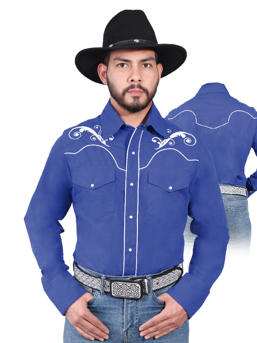 Camisa Vaquera Bordada Manga Larga Azul Rey para Hombre 'El Señor de los Cielos' - ID: 42959 Western Shirt El Señor de los Cielos Royal Blue