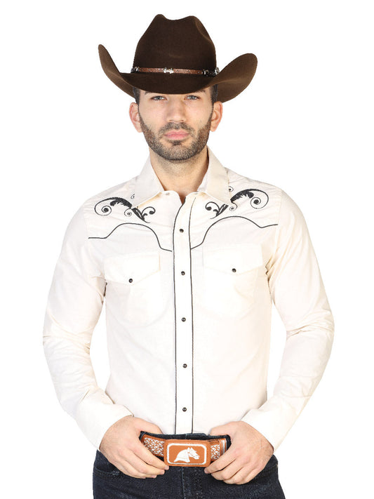 Camisa Vaquera Bordada Manga Larga Beige para Hombre 'El Señor de los Cielos' - ID: 42960 Camisas Bordadas El Señor de los Cielos Beige