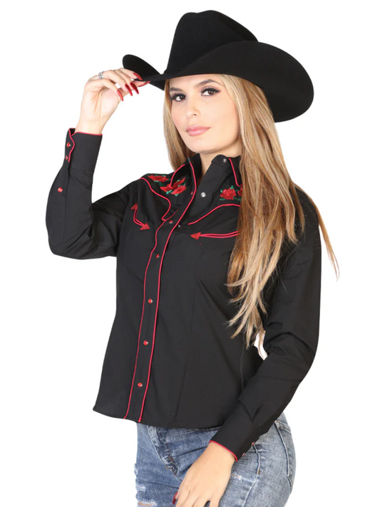 Camisa Vaquera Manga Larga Bordada Floral Negro para Mujer 'El General' - ID: 42961 Western Shirt El General Black