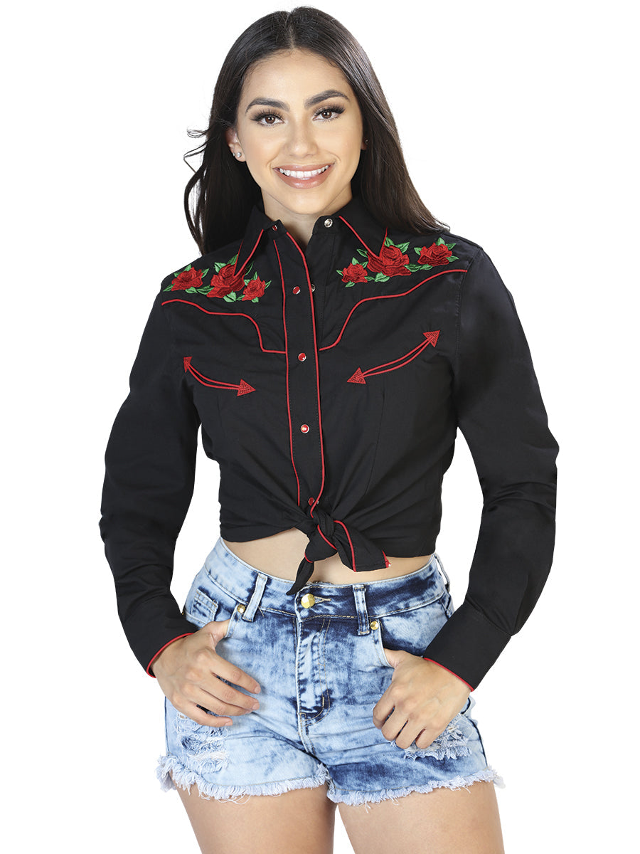 Camisa Vaquera Manga Larga Bordada Floral Negro para Mujer 'El General' - ID: 42961 Western Shirt El General 