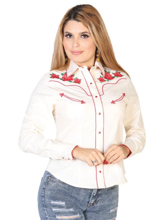 Camisa Vaquera Manga Larga Bordada Floral Beige para Mujer 'El General' - ID: 42962 Western Shirt El General Beige