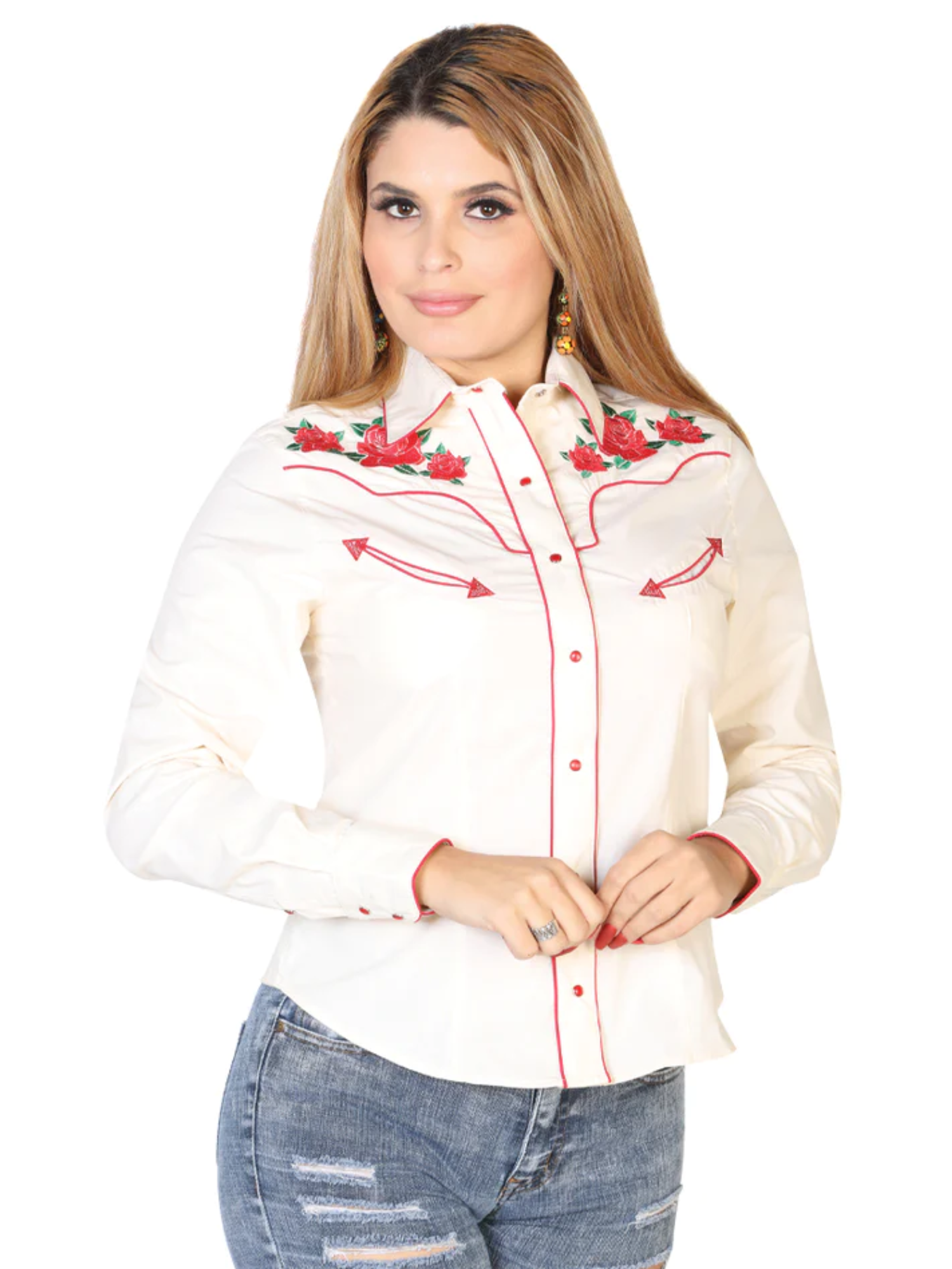 Camisa Vaquera Manga Larga Bordada Floral Beige para Mujer 'El General' - ID: 42962 Camisas Bordadas El General Beige