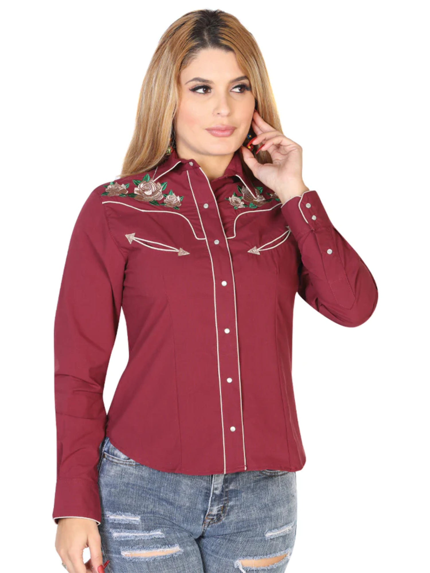 Camisa Vaquera Manga Larga Bordada Floral Vino para Mujer 'El General' - ID: 42965 Camisas Bordadas El General Wine