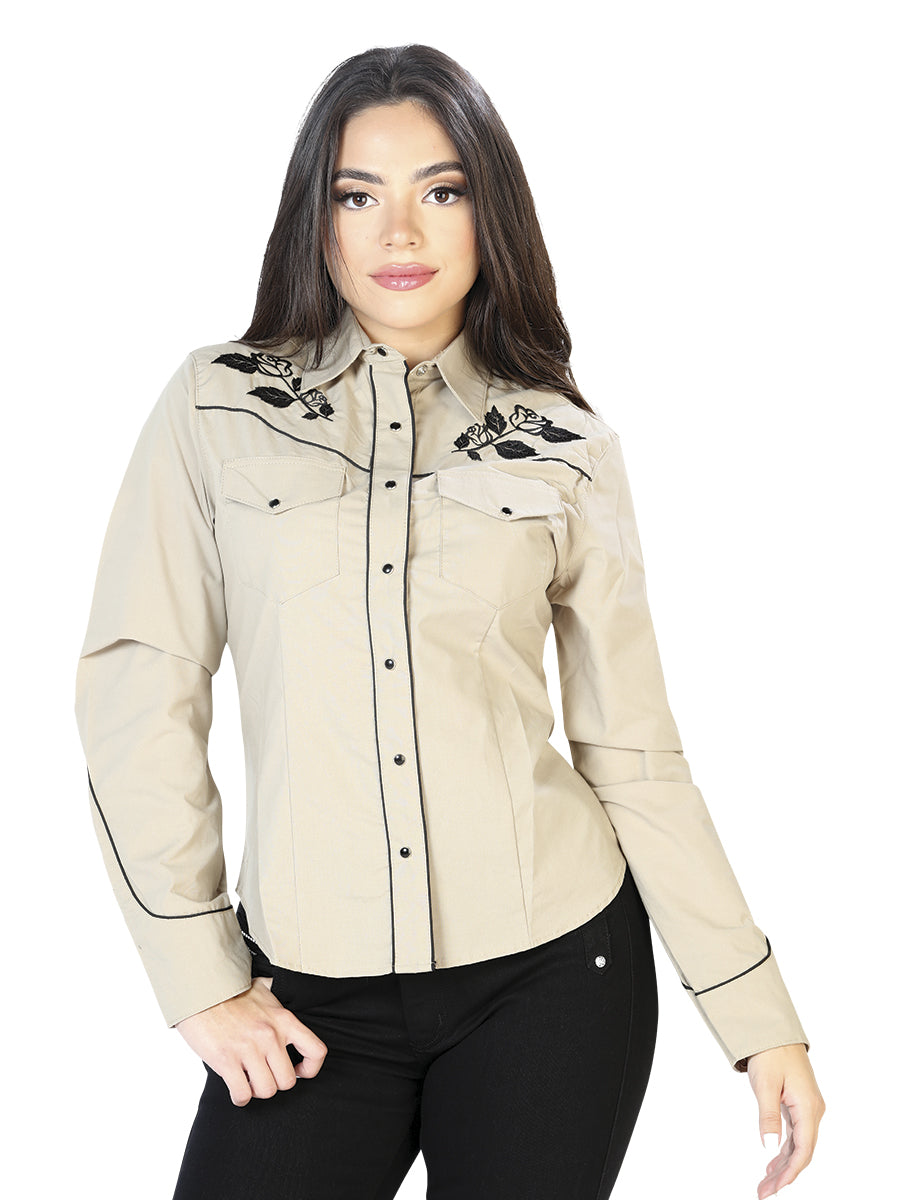 Camisa Vaquera Manga Larga Bordada Floral Caqui para Mujer 'El General' - ID: 42969 Camisas Bordadas El General Khaki