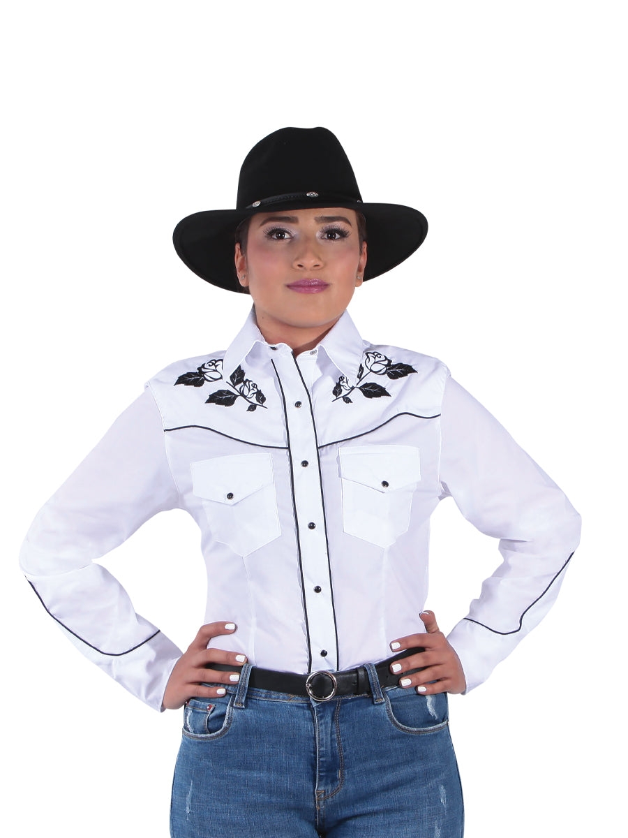 Camisa Vaquera Manga Larga Bordada Floral Blanco para Mujer 'El General' - ID: 42970 Western Shirt El General 