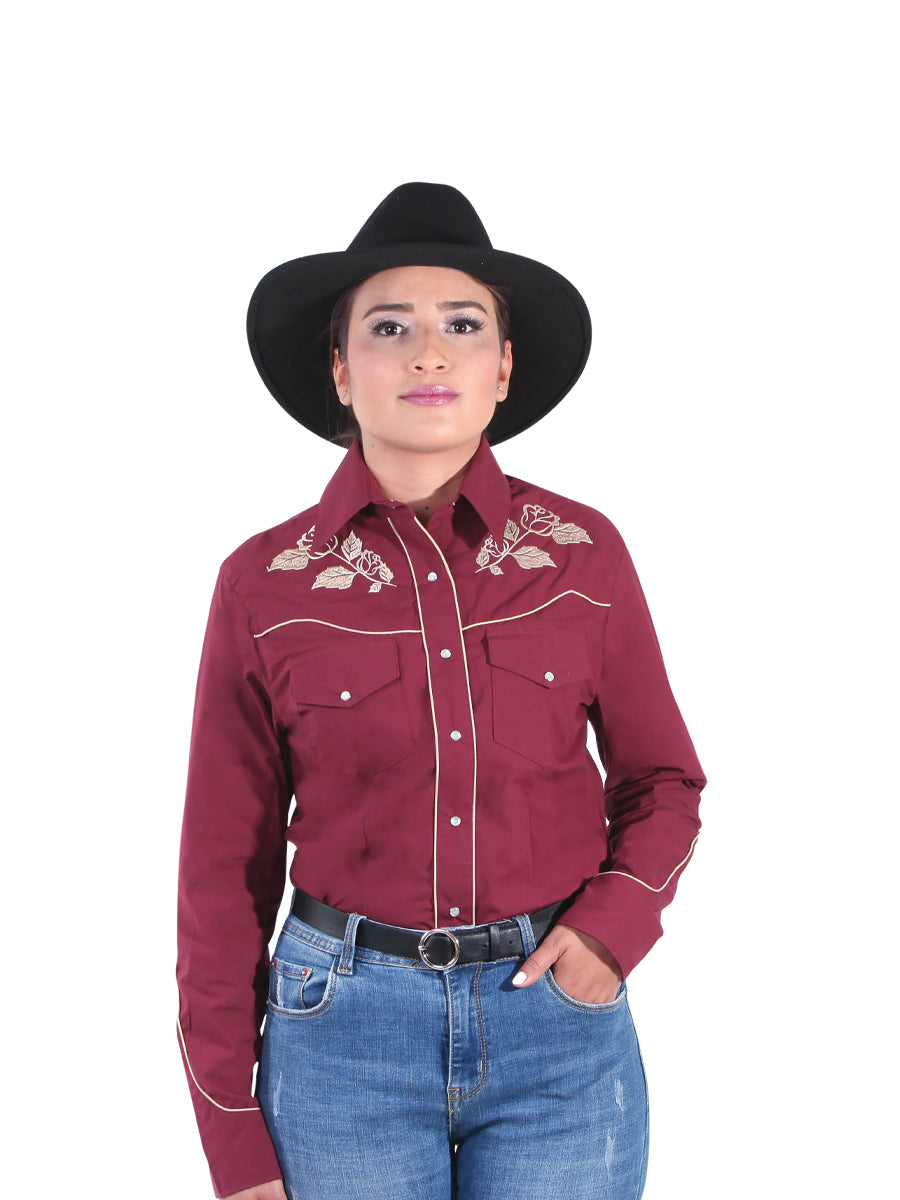 Camisa Vaquera Manga Larga Bordada Floral Vino para Mujer 'El General' - ID: 42971 Western Shirt El General 
