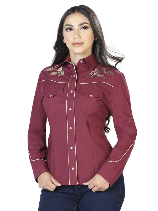 Camisa Vaquera Manga Larga Bordada Floral Vino para Mujer 'El General' - ID: 42971 Camisas Bordadas El General Wine