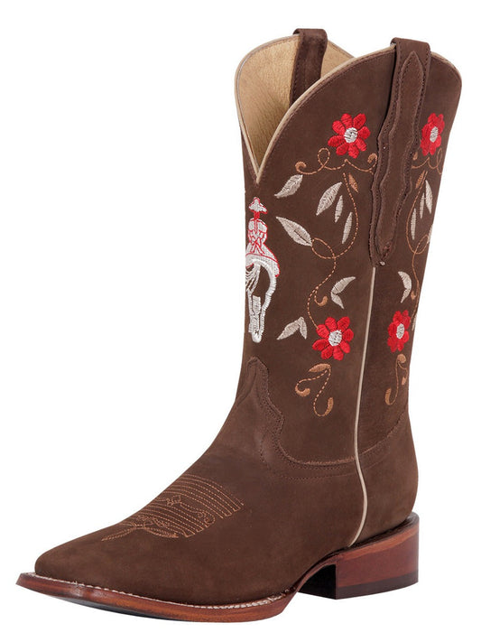 Botas Vaqueras Rodeo con Tubo Bordado de Flores de Piel Nobuck para Mujer 'El General' - ID: 42973 Botas Rodeo Piel Nobuck El General Camel