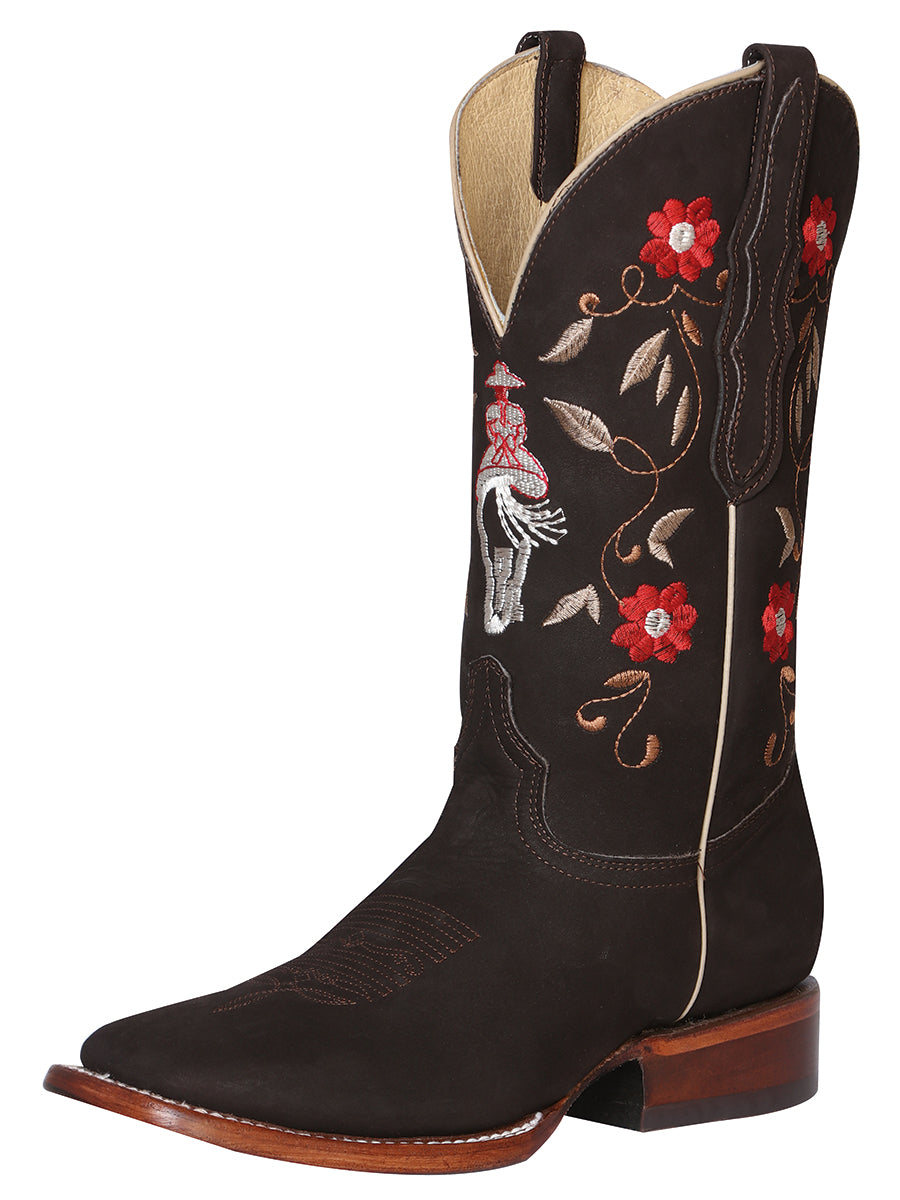 Botas Vaqueras Rodeo con Tubo Bordado de Flores de Piel Nobuck para Mujer 'El General' - ID: 42974 Botas Rodeo Piel Nobuck El General Cafe