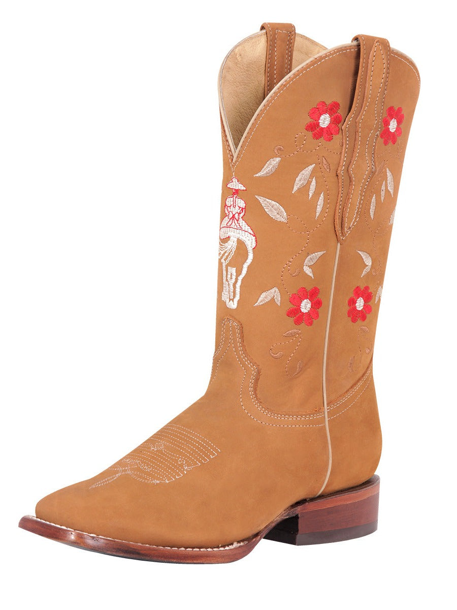 Botas Vaqueras Rodeo con Tubo Bordado de Flores de Piel Nobuck para Mujer 'El General' - ID: 42975 Botas Rodeo Piel Nobuck El General Durazno