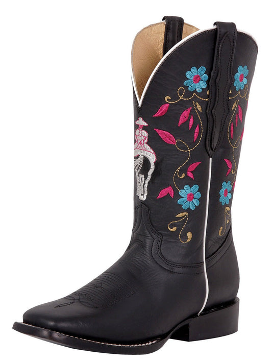 Botas Vaqueras Rodeo con Tubo Bordado de Flores de Piel Genuina para Mujer 'El General' - ID: 42976 Botas Rodeo Piel Genuina El General Negro