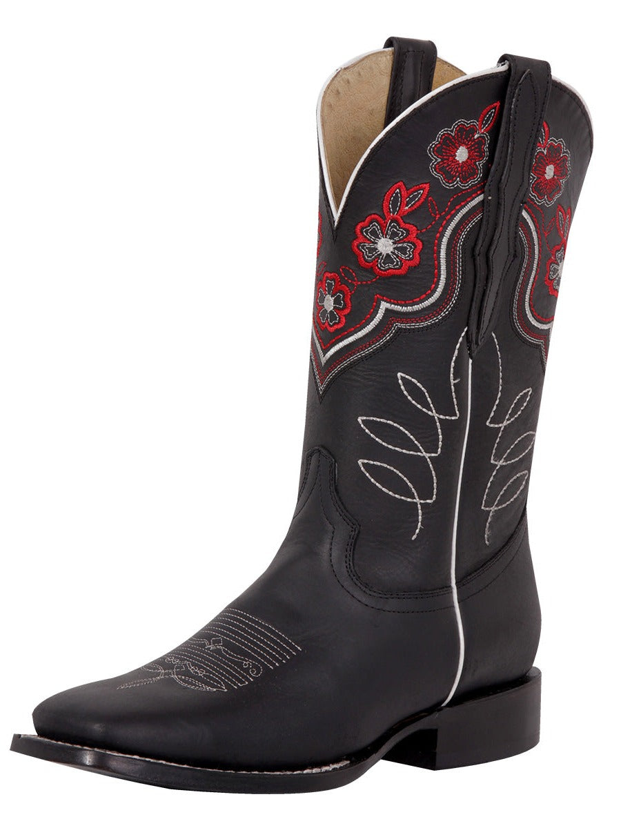 Botas Vaqueras Rodeo con Tubo Bordado de Flores de Piel Genuina para Mujer 'El General' - ID: 42977 Botas Rodeo Piel Genuina El General Negro