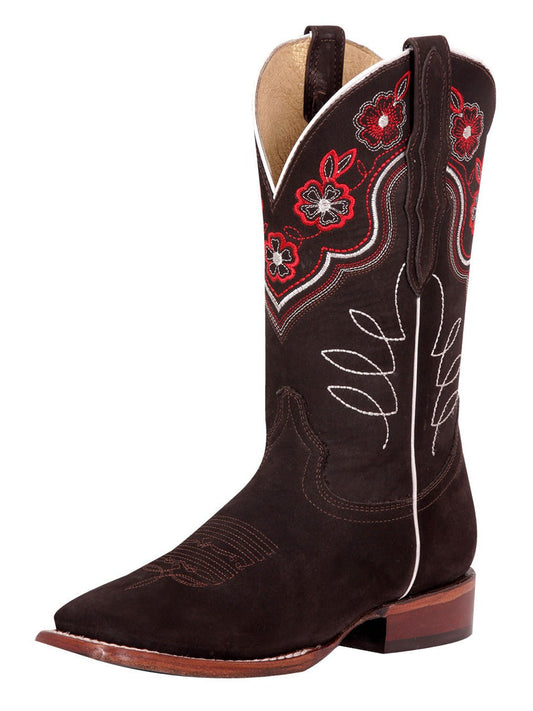 Botas Vaqueras Rodeo con Tubo Bordado de Flores de Piel Nobuck para Mujer 'El General' - ID: 42978 Botas Rodeo Piel Nobuck El General Cafe