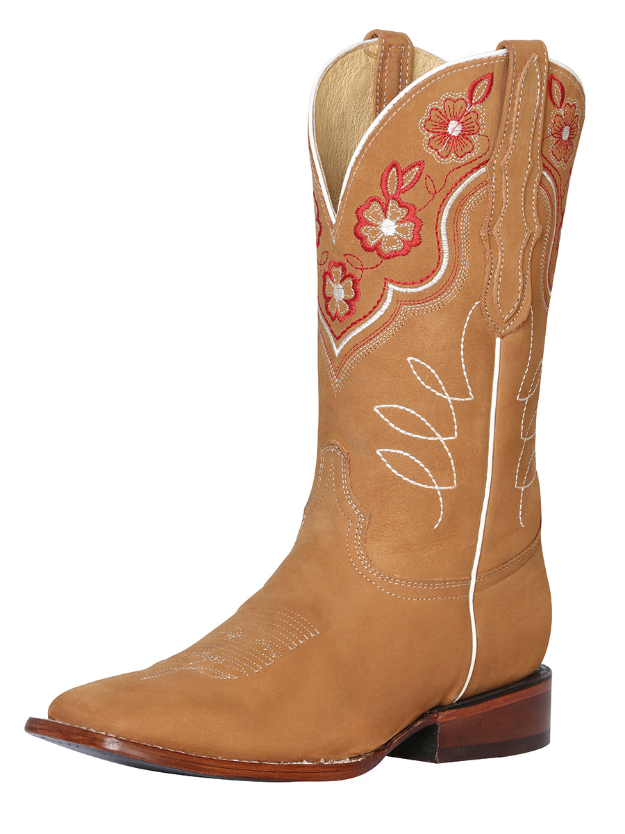 Botas Vaqueras Rodeo con Tubo Bordado de Flores de Piel Nobuck para Mujer 'El General' - ID: 42979 Botas Rodeo Piel Nobuck El General Durazno