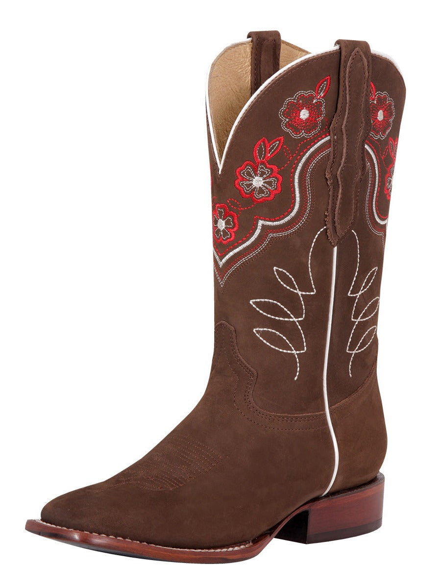 Botas Vaqueras Rodeo con Tubo Bordado de Flores de Piel Nobuck para Mujer 'El General' - ID: 42980 Botas Rodeo Piel Nobuck El General Camel